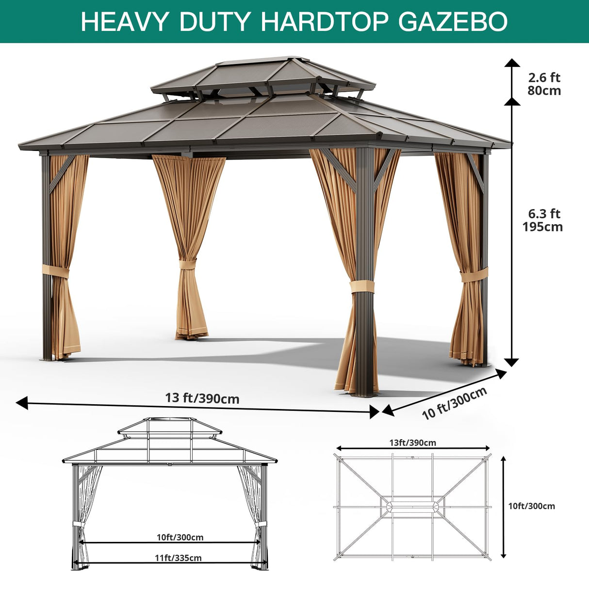 Petyee 10'x13' Gazebo, Hardtop Outdoor Polycarbonate Double Roof Canopy, Aluminum Frame Permanent Pavilion with Curtains and Netting, Sunshade for Garden, Patio, Lawns (10x13ft) Petyee