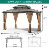 Petyee 10'x13' Gazebo, Hardtop Outdoor Polycarbonate Double Roof Canopy, Aluminum Frame Permanent Pavilion with Curtains and Netting, Sunshade for Garden, Patio, Lawns (10x13ft) Petyee
