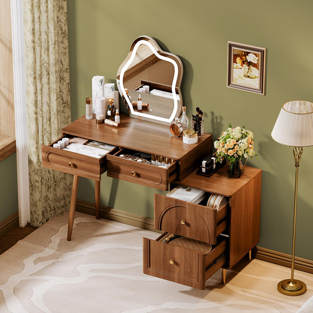 Chrangmay Stylish Corner Vanity desk with mirror and lights,Small makeup vanity with 4 drawers,Modern makeup table with Adjustable Cabinet for Bedroom,Makeup Room,Writing Desk,Brown Chrangmay