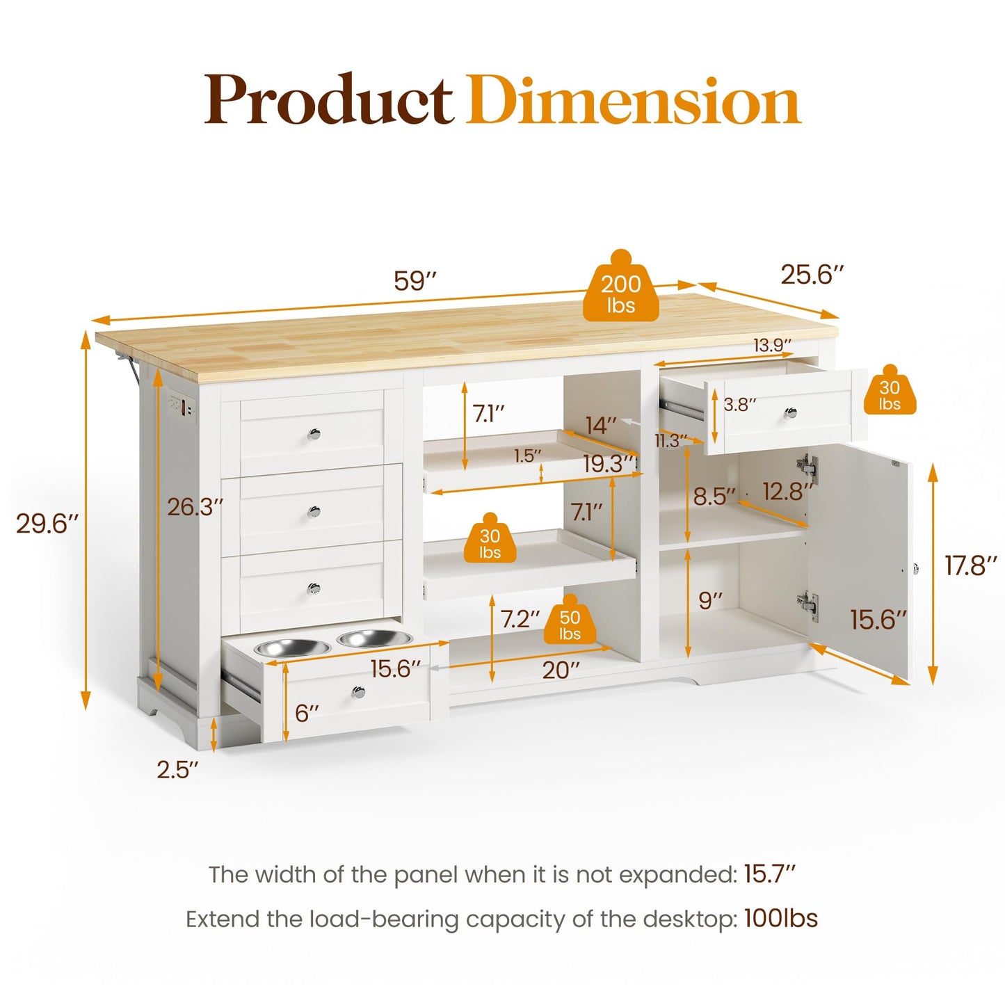 May in Color Kitchen Island with Storage and Drop Leaf, Island Table for Kitchen, Coffee Station Cabinet with Rubber Wood Top, Pull-Out Trays, Drawers, Adjustable Shelf, Power Outlet (White) - WoodArtSupply