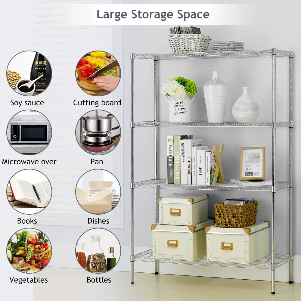 4-Shelf Adjustable Heavy Duty Metal Storage Shelving, 250 Capacity Per Shelf, 36" X 14" X 54" Wire Shelving Unit Racks for Garage Closet, Chrome Dkeli