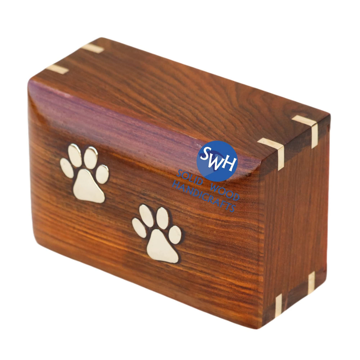 SWH Wooden pet urn | Rosewood Paw Print pet cremation urn for Dog Cat ashes | Wooden urn box with bottom opening system for small dog cat ashes | urn box for small pet with brass corner– 30.00 lbs Solid Wood Handicrafts