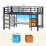 DICTAC Low Twin Loft Bed with Reading Corner,3 Sling Drawers and 2 Movable Storage Bins,Metal Twin Size Loft Bed for Kids with LED Lights and Storage Basket,13.98" H Safety Guardrail & Stairs, Black DICTAC