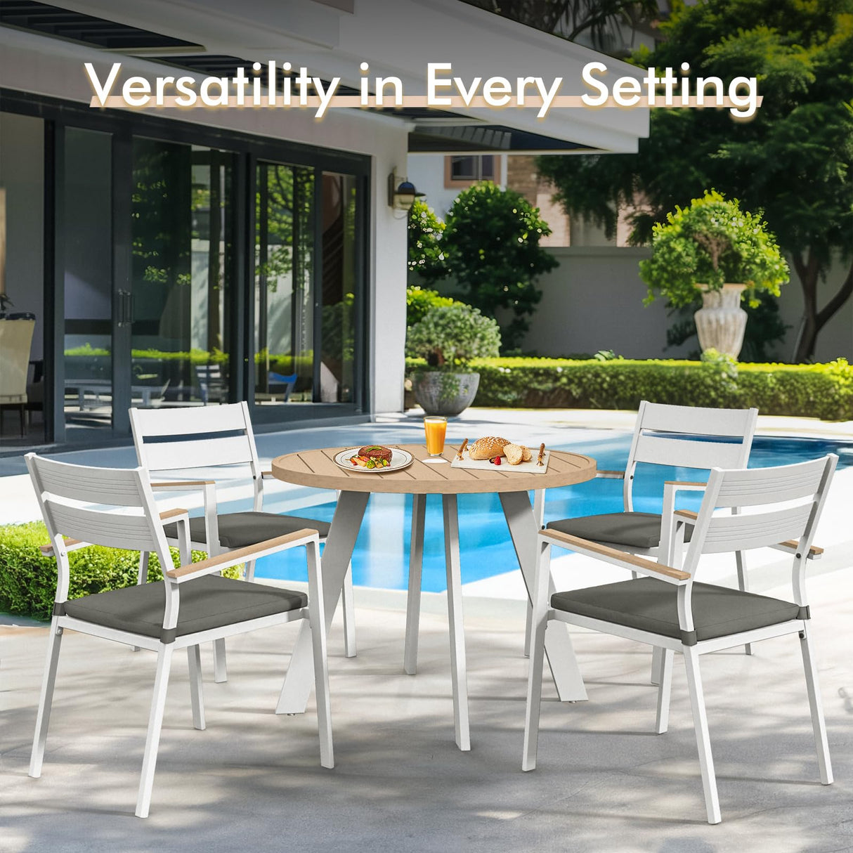 JOIVI 5 Piece Outdoor Dining Set, Aluminum Patio Furniture Dining Table and Stackable Chairs Set for 4 People, Wood Grain Tabletop with 2.05” Umbrella Hole, for Deck, Backyard, Gray Cushions JOIVI