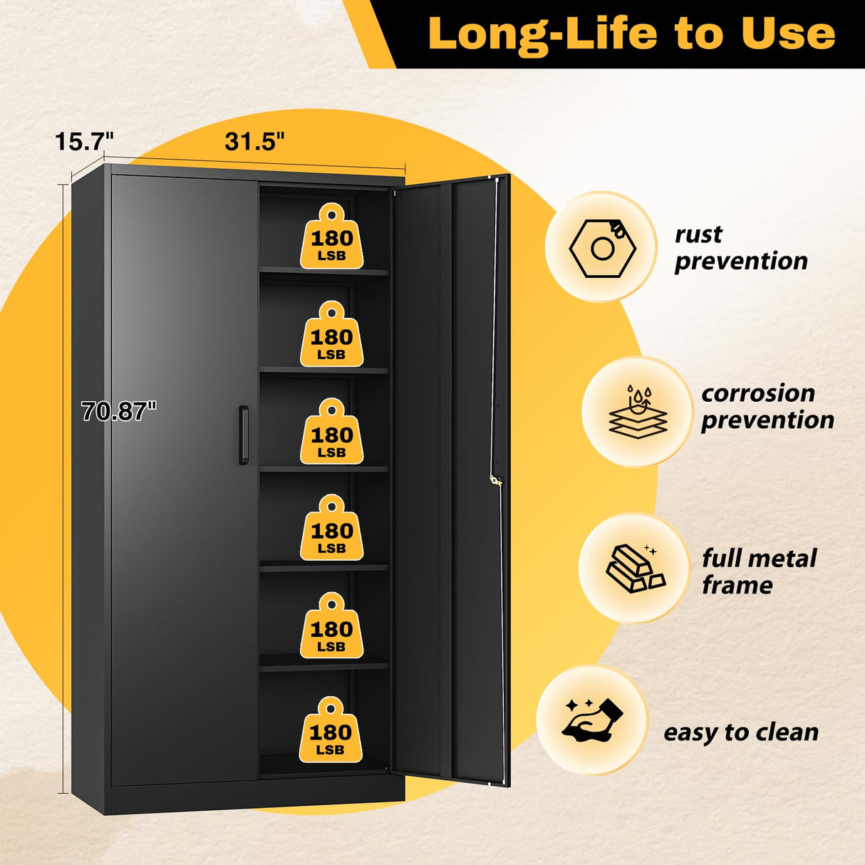 ZAOUS Metal Storage Cabinet with Lock，71'' Garage Storage Cabinet with 5 Adjustable Shelves, Tall Tool Cabinets for Garage, Home, Office, Gym, School，Black ZAOUS