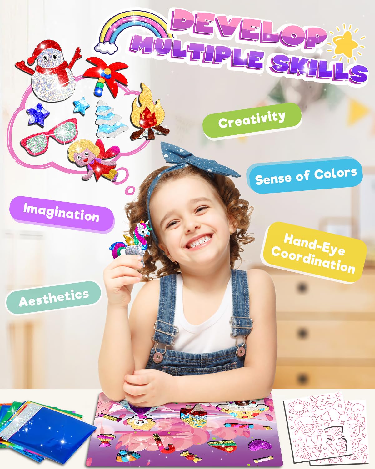 Foil Art Fun Kit for Kids - DIY Toy Unicorn Princess Foil Art Craft Activity for Kids, Foam Stickers Fun Craft Kits & Supplies, Creative Christmas Birthday Gifts Travel Toys for 4 and Up Arts & Crafts Baobrava