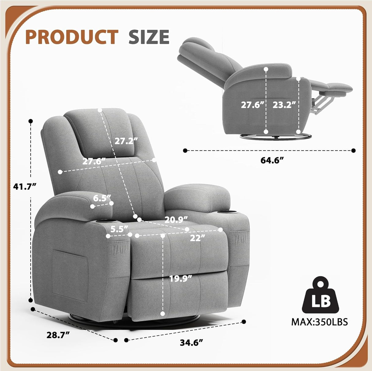 Flamaker Swivel Rocker Recliner Chair with Vibration Massage, 360° Swivel Recliner Chairs for Adults Ergonomic Lounge Chair with Cup Holders Lazy Boy Recliner Single Sofa Seat (Fabric, Gray) Flamaker