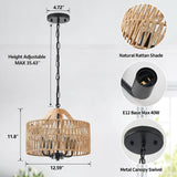 ZSDHXi Rattan Pendant Light Fixtures, 4-Light Boho Chandelier with Woven Drum Shade, Farmhouse Dining Room Ceiling Hanging Lamp, Small Wicker Coastal Pendant Lighting for Kitchen Island Hallway ZSDHXi