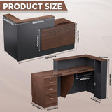 L-Shaped Modern Large Wooden Commercial Reception Desk with Counter & Shelves, Front Reception Desk Counter Table with Storage, Drawers for Offices,Home (Brown + Black, Left- 71''L x 34''W x 41''H) Drexo