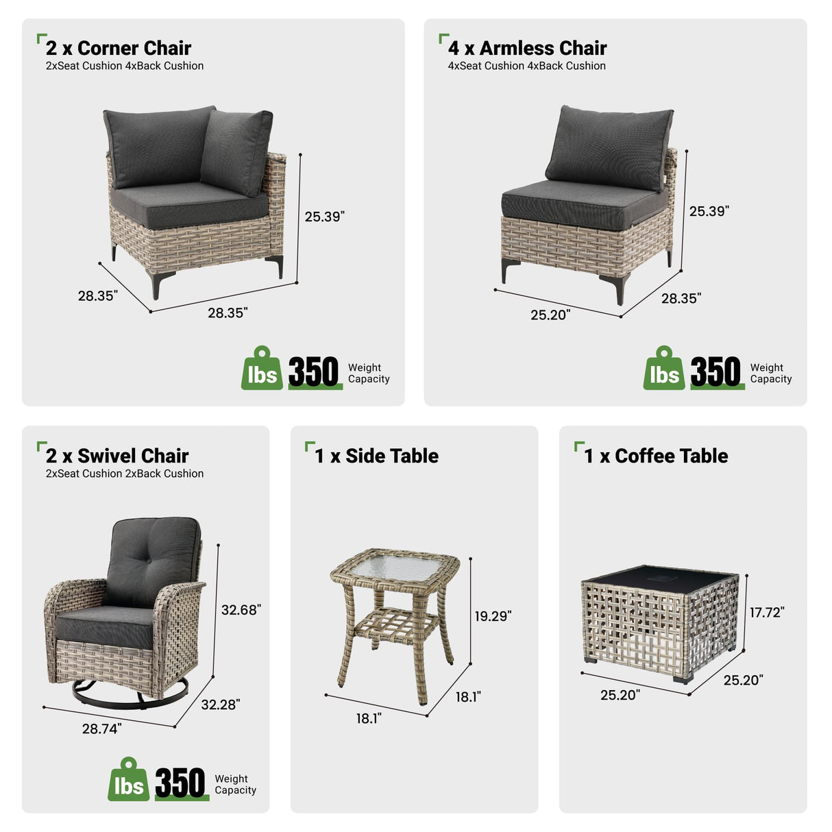 10 Piece Outdoor Patio Furniture with Swivel Rocking Chair, Rattan Wicker Conversation Set with Glowing Coffee Table, Sectional Single Chairs for Porch Balcony Backyard Pool,Black ovios