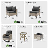 10 Piece Outdoor Patio Furniture with Swivel Rocking Chair, Rattan Wicker Conversation Set with Glowing Coffee Table, Sectional Single Chairs for Porch Balcony Backyard Pool,Black ovios