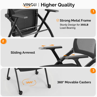 VINGLI 10 Pack Stackable Conference Room Chairs with Wheels, Folding Office Chair with Rebound Back, Padded Seat for Training Room, Guest, Reception, Event, Capacity 350lbs, Black