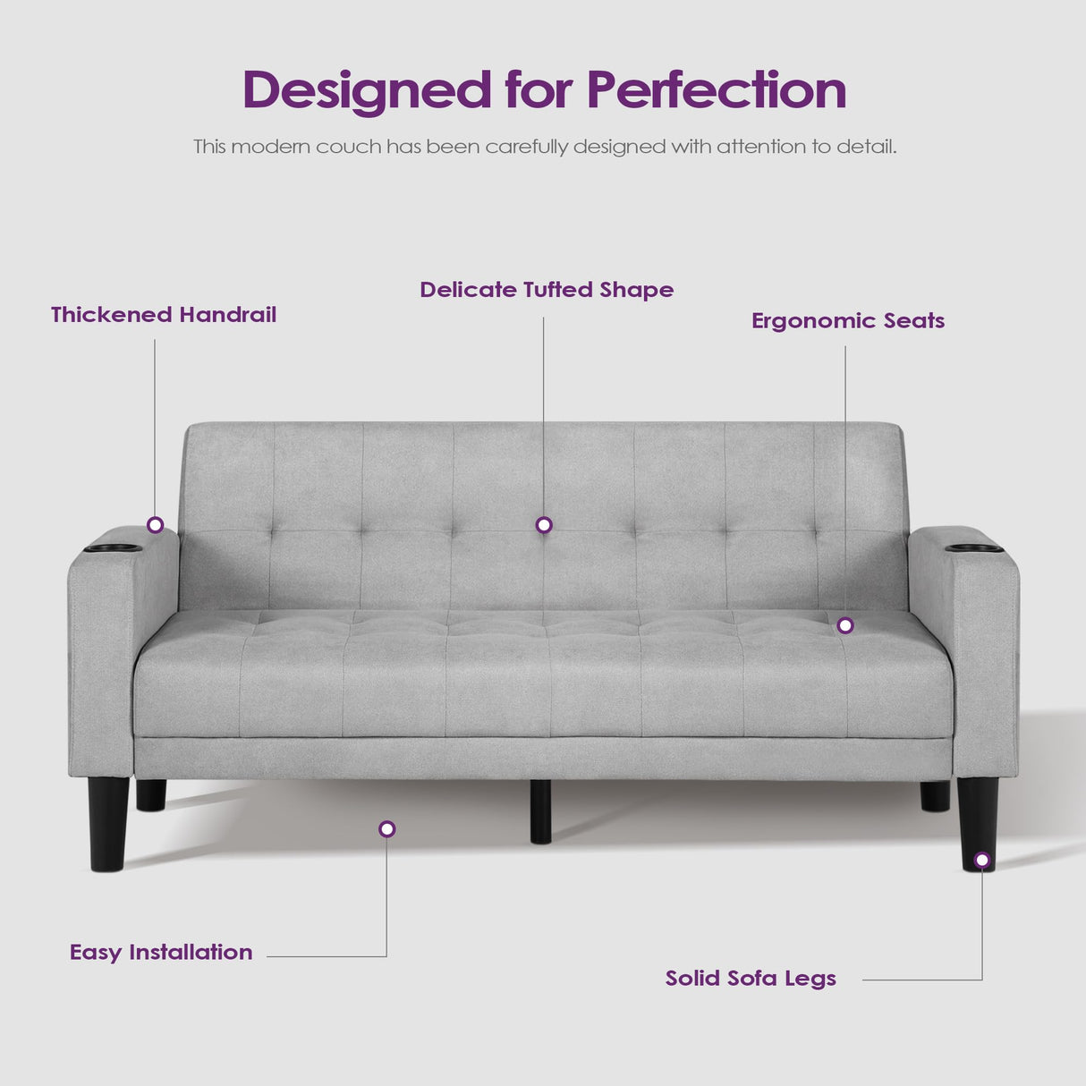 TYBOATLE Sofa Couch 62" W Loveseat w/ 2 USB Charger Ports & 2 Cupholders, Mid-Century Modern Tufted Small Love Seat Couches for Office,Compact Living Room,Bedroom,Apartment,Dorm(Light Grey) TYBOATLE