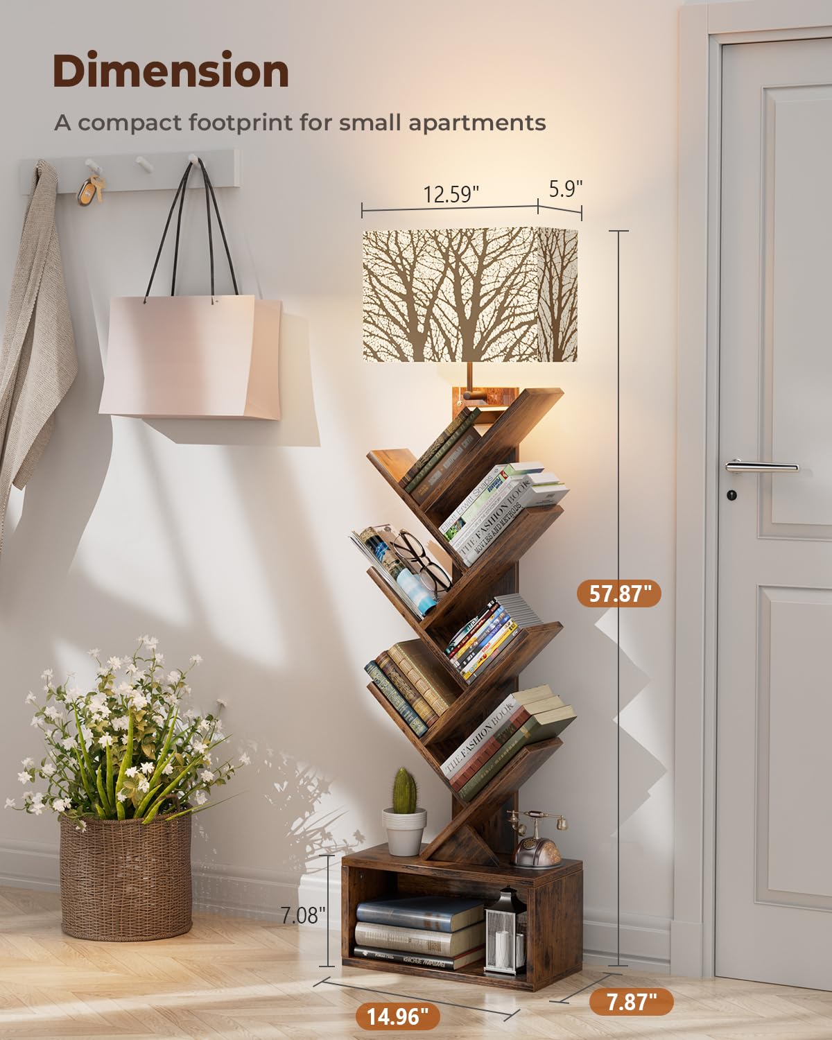 Evermagin Tree Bookshelf with Light, 6 Tier Small Bookcase, Narrow Floor Standing Book Tower Organizer with Storage Cabinet for Living Room, Bedroom & Home Office, Rustic Brown Evermagin