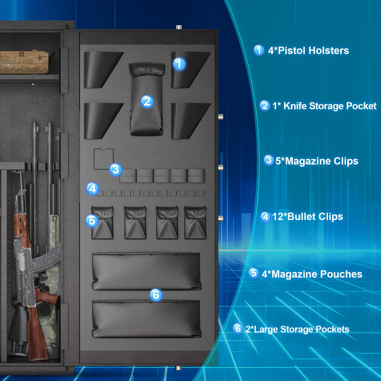 Large Rifle Safe, 30 Gun Safe for Rifle and Shotgun/Rifle Pistol Rack/Storage Pocket/Removable Shelf/Silent Mode/External Battery/LED,180° Open Door Panel Organizer Gun Cabinet Unassembled (Updated) TTSITG