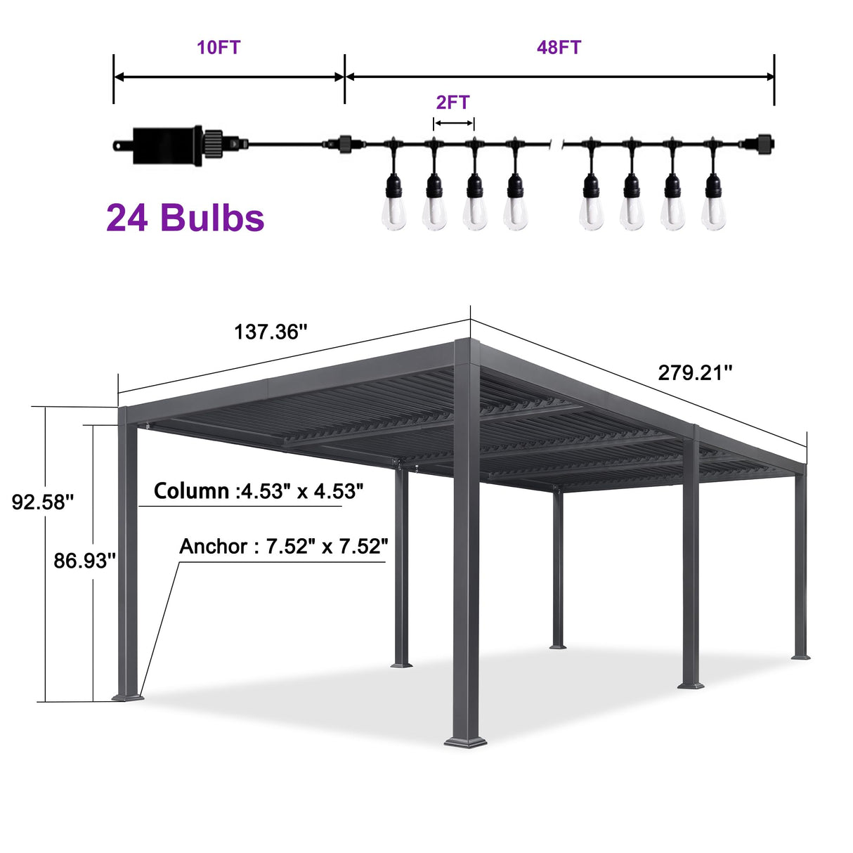 PURPLE LEAF Outdoor Louvered Pergola 11.4' x 23.3' Patio Aluminum Oversize Perogla with String Lights Independent Adjustable Roof for Outdoor Deck Garden Patio PURPLE LEAF
