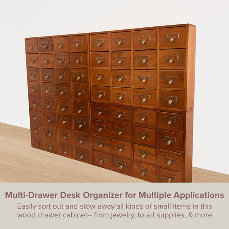 Huge 64-Drawer Wooden Storage Box Traditional Apothecary Curio Cabinet in Vintage Wood - Card Catalog Library Desk Drawer w/Label Holders Handles - Multi Level Countertop Arts and Craft Organizer Woodaholic