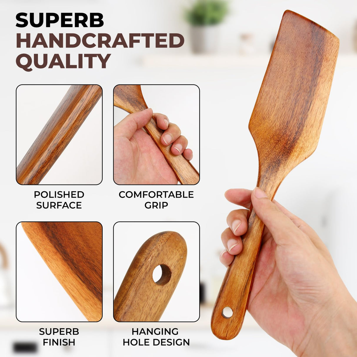 Wooden Spatula for Cooking, Premium Teak Wood Spatula, NonStick Kitchen Utensils Set of 4 Contain Paddle, Turner Spatula, Slotted Spatula and Wood Scraper AIUHI