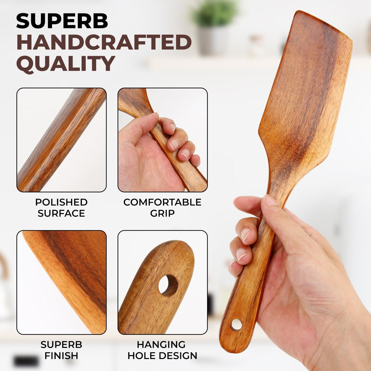 Wooden Spatula for Cooking, Premium Teak Wood Spatula, NonStick Kitchen Utensils Set of 4 Contain Paddle, Turner Spatula, Slotted Spatula and Wood Scraper