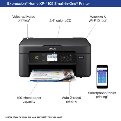 Epson Expression Home XP-4105 All-in-One Wireless Color Inkjet Printer, Black - Print Copy Scan - 2.4" Color LCD, 10.0 ppm, 5760 x 1440 dpi, Auto 2-Sided Printing, Voice Activated