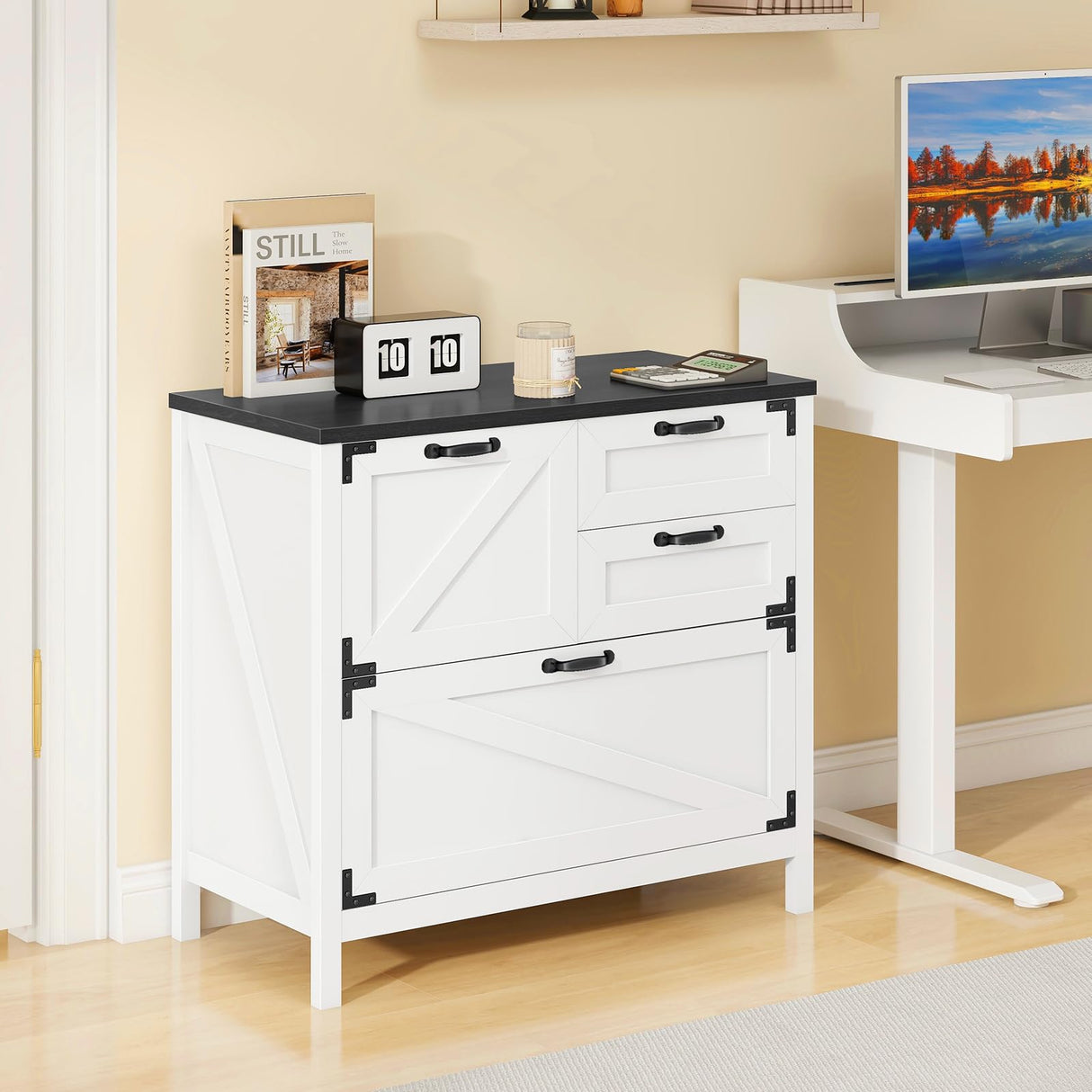 Lateral File Cabinet with 4 Drawers Farmhouse File Cabinet for Letter/Legal/A4 Size Hanging Files, Large Wood File Storage Cabinets Printer Stand for Home Office Cabinet, White and Black Halitaa