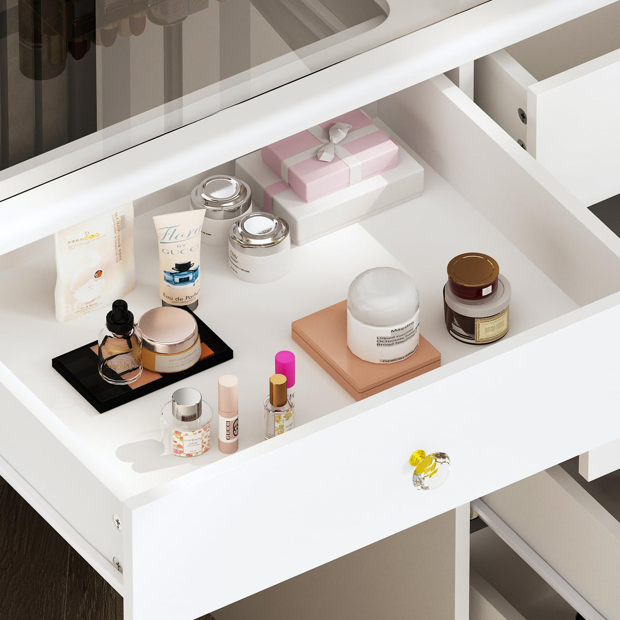 Homsee Makeup Vanity Desk with 3 Mirrors, Glass Top, Lights & Hidden Storage, Modern Dressing Table Vanity Table with Drawers, Lighting Modes & Brightness Adjustable, White Homsee