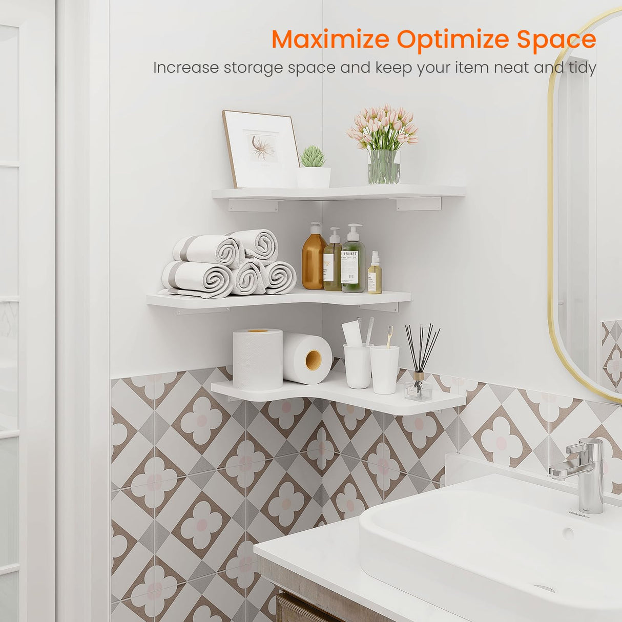 Homode Corner Floating Shelves, Set of 3 Corner Wall Shelves with Wire Hole, L-Shaped Wood Hanging Storage Shelf for Wall Decor, for Bathroom Kitchen Bedroom, White Homode