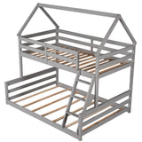 Merax House Floor Bunk Bed with Ladder Twin Over Full,Wood Low Bunk Bed for Kids Juniors, Space-Saving,No Box Spring Needed Gray Merax