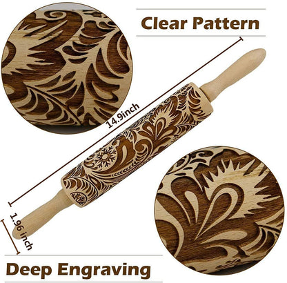 Embossed Wooden Rolling Pin, Embossing Rolling Pin for Baking Fondant, Pizza, Pie, Pastry, Pasta, Dough, Cookies, Suitable Christmas, Father and Mother's Gift