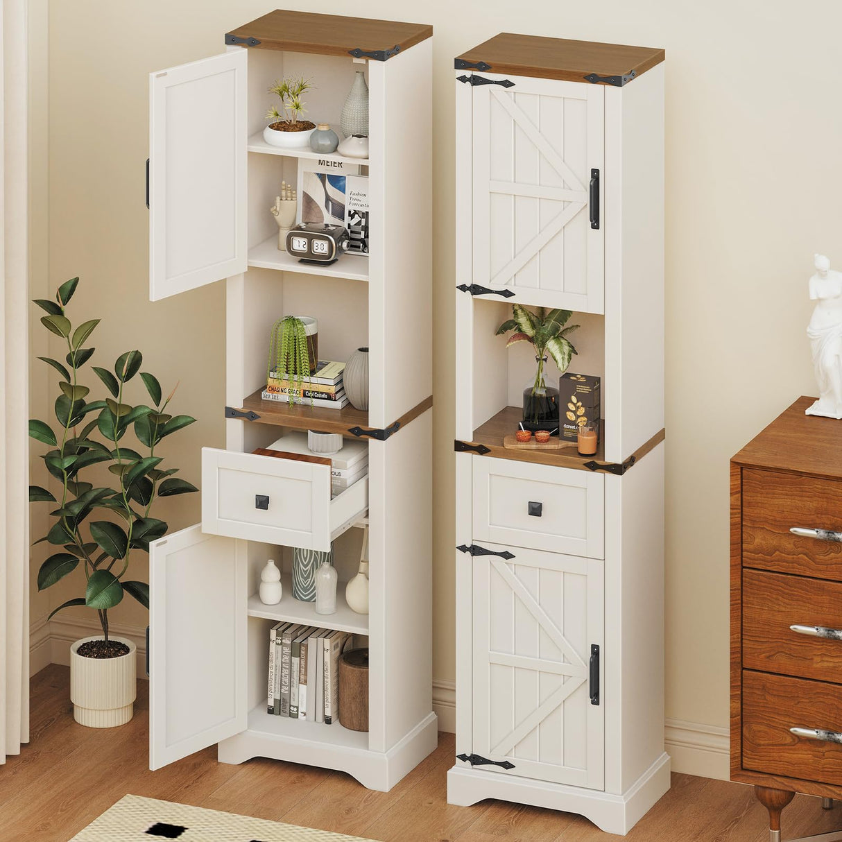 66" Tall Farmhouse Bathroom Storage Cabinet with Barn Doors and Drawer, Narrow Storage Unit, Adjustable Shelves & 5-Tier Storage Space, Freestanding Cabinet for Bathroom, Living Room, Kitchen Vabches