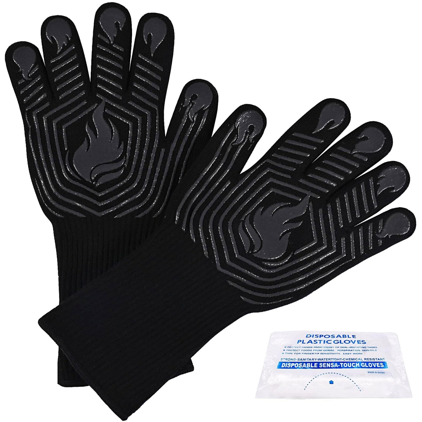 BBQ Gloves, 1472°F Heat Resistant Fireproof Mitts, Silicone Non-Slip Washable Oven Kitchen Gloves for Barbecue, Grilling, Cooking, Baking, Camping, Smoker (Black)