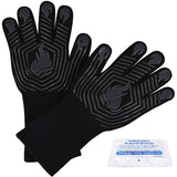 BBQ Gloves, 1472°F Heat Resistant Fireproof Mitts, Silicone Non-Slip Washable Oven Kitchen Gloves for Barbecue, Grilling, Cooking, Baking, Camping, Smoker (Black) KUWANI