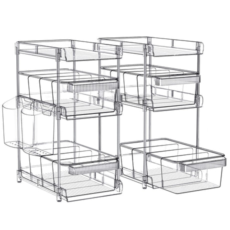 Clear Bathroom Organizers 2 Sets 3 Tier, Pull Out Organizer and Storage with 2 Cups, Slide Out Drawer Storage Container with 6 Dividers, Multi-Purpose Bathroom Organizer, Kitchen Under Sink Organizer WAKISA