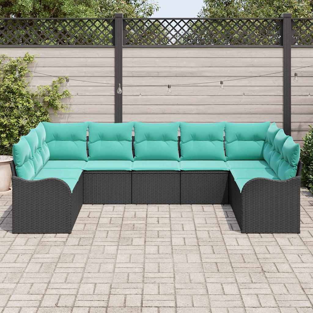 HETFTJN 9-Piece Patio Furniture Set Modular Outdoor Sectional Sofa Black and Turquoise Poly Rattan 47.6×24.2×27.2 in UV-Resistant Cushions for Garden Terrace Small Balcony HETFTJN