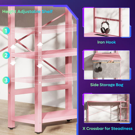 Bestier Gaming Desk with Power Outlets, 61 Inch Large Led Gamer Desk with 4 Tiers Reversible Shelves, PC Gaming Table with Headset Hook & Side Storage Bag for Bedroom (Pink 3D Carbon Fiber) Bestier