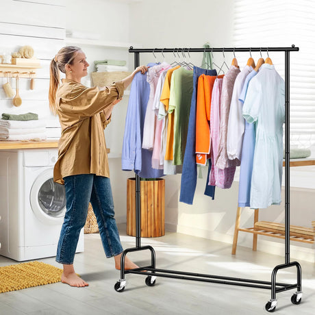 SLEEPING LAMB Heavy Duty Clothing Racks for Hanging Clothes Rack, 43" Wide Rolling Garment Rack Metal Clothing Hanger Rack with Wheels Wardrobe Rack for Coats, Shirts, Dress, (Black) SLEEPING LAMB