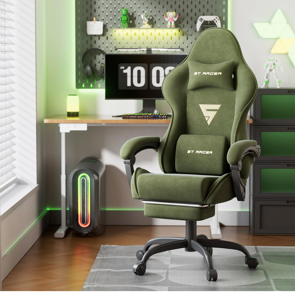 Ferghana Velvet Fabric Ergonomic Gaming Chair with Footrest and Massage, High Back Reclining Computer Gamer Chair for Adult, Racing Style PC Video Game Chair Suitable for Home Office (Green) Ferghana