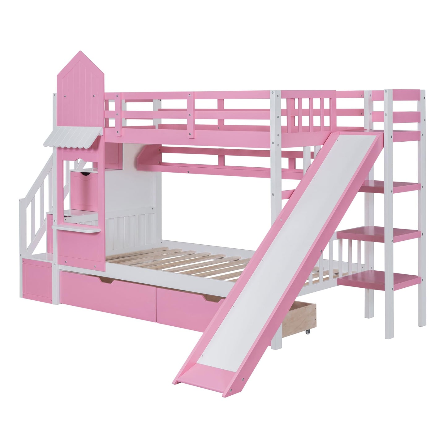 NCKMYB Bunk Bed with Slide Twin Size Castle Bunk Bed with Storage Shelves and Staicase, Tree House Bunk Bed for Boy Girl, Pink