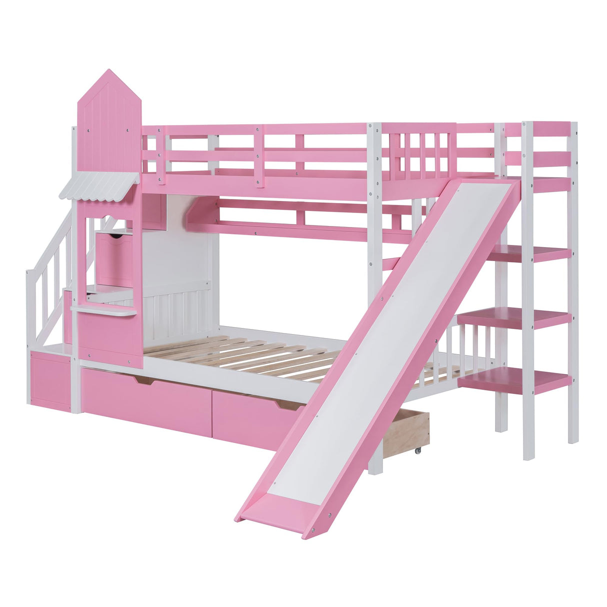 Ball & Cast Twin-Over-Twin Castle Style Bunk Bed,Wood Bunkbed w/ 2 Drawers and 3 Shelves,Full-Length Fence,Bedframe with Slide & Storage Ladder,Space Saving,Slat Support,for Child's Bedroom,Pink Ball & Cast