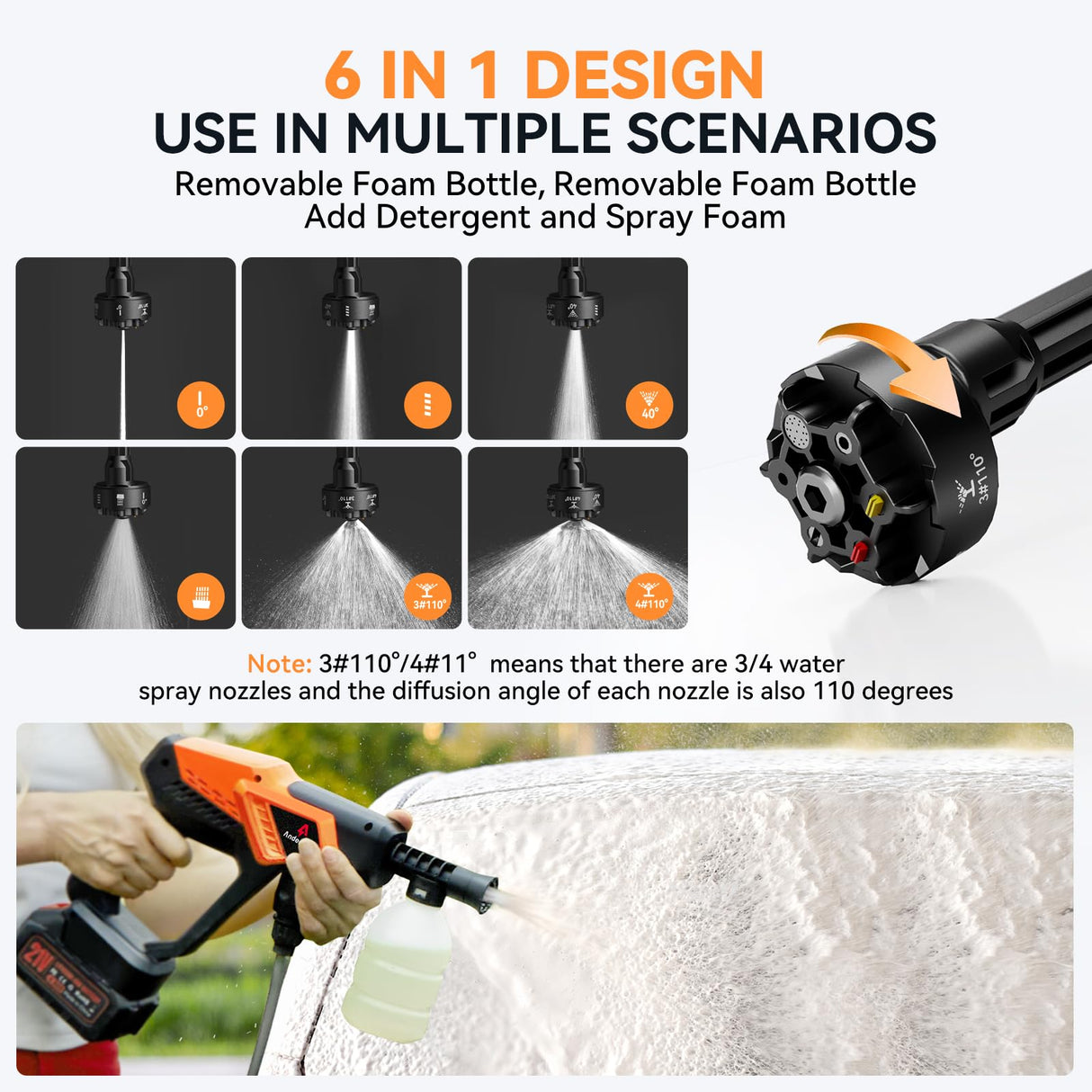 Cordless Pressure Washer, 1080 PSI 2.5 GPM Brushless Portable Pressure Washer with 6 in 1 Nozzles, 4.0Ah Rechargeable Battery, Power Washer for Cars, Fences, Driveways, Home, Patios Andeman