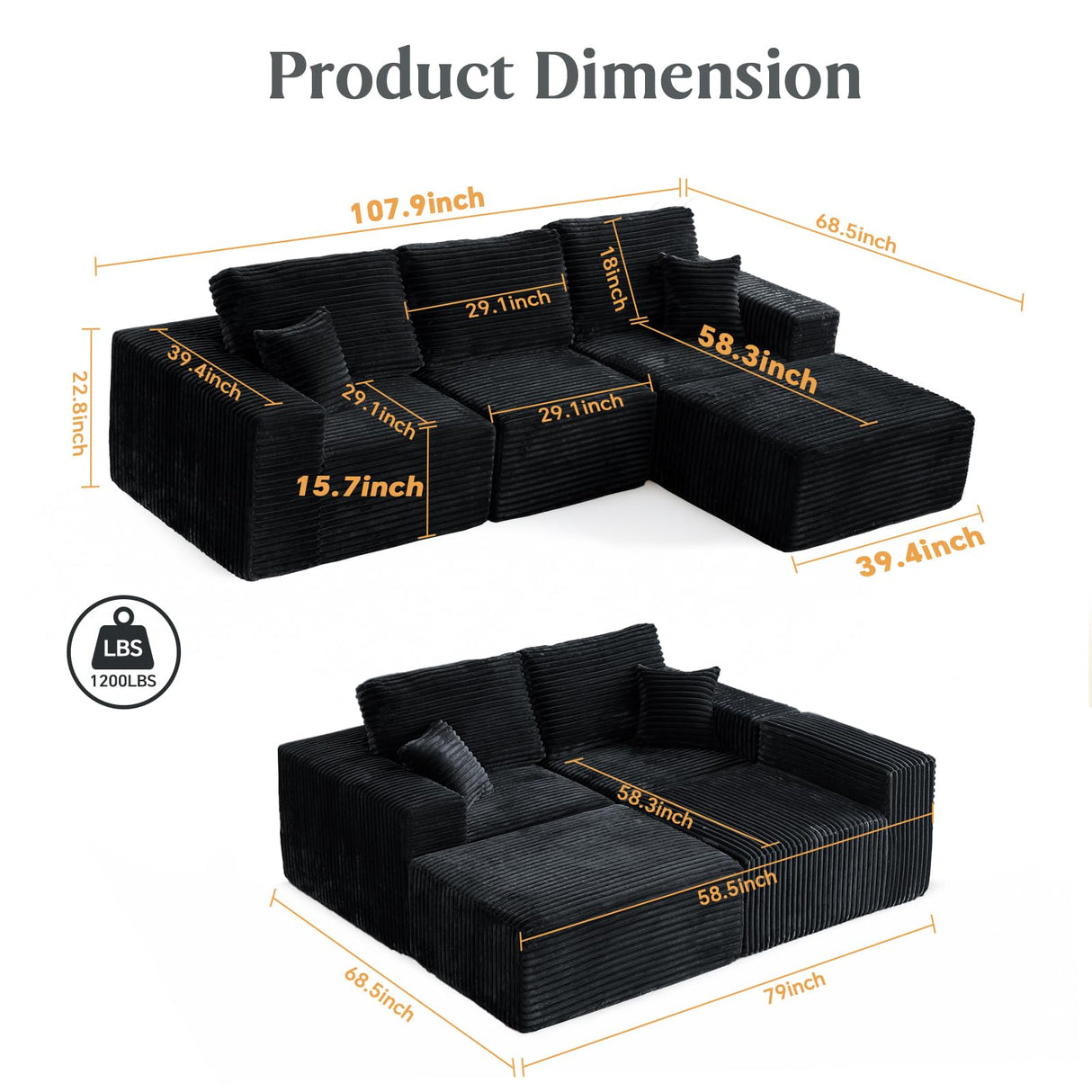 MODNEST 108" Modular Sectional Sofa Cloud Couch with Deep Seats, L Shape Foam Couch with Chaise and Movable Ottoman, Sectional Couches for Living Room, Comfy Boneless Sofa No Assembly, Black MODNEST