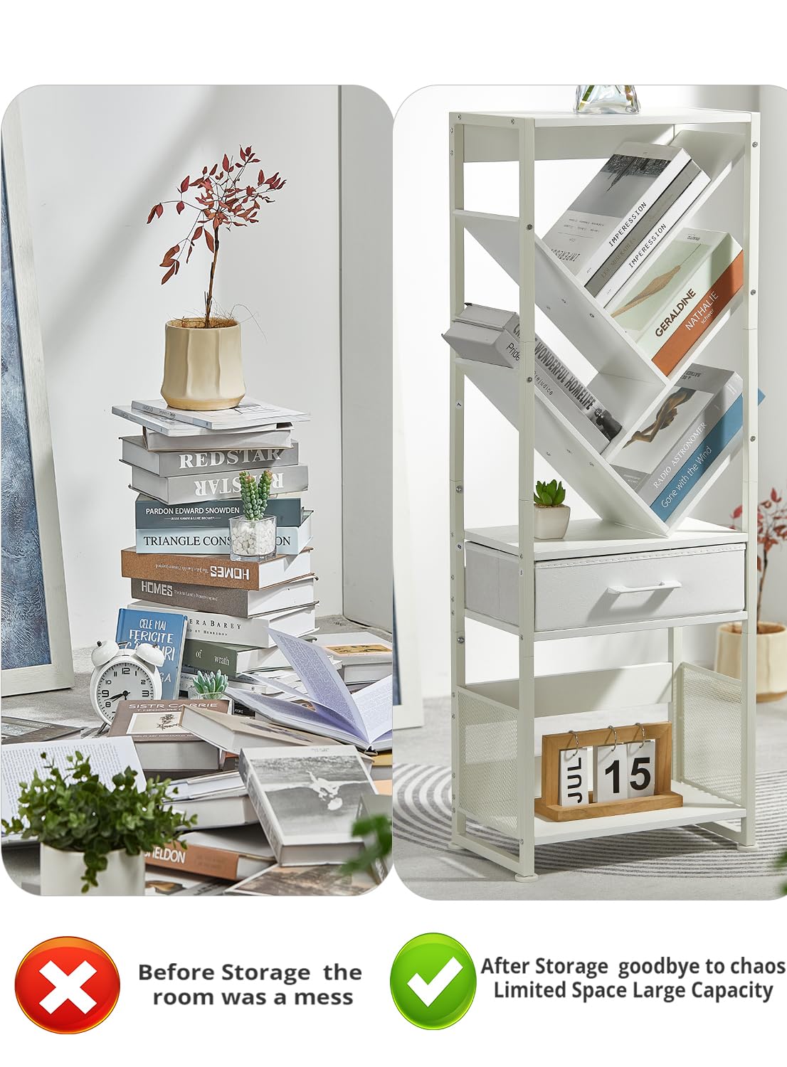 ZEXVIDA Bookshelf with Drawer,8 Tier Tree Bookcase Retro Floor Standing Bookshelves,Tall Wood Bookcases with Cabinet Storage Organizer for Living Room, Bedroom & Home Office, White ZEXVIDA