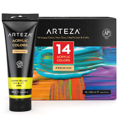 ARTEZA Acrylic Paint Set of 14 Colors, 4.06 Ounce Tubes, Non-Toxic Acrylic Artist Paints. Art Supplies for Painting - WoodArtSupply