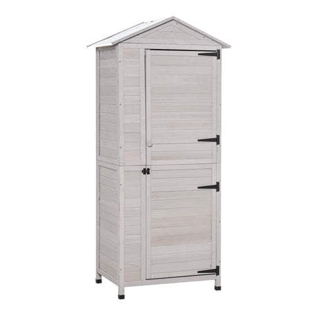 Outsunny 36" x 25" x 79" Wooden Storage Shed Cabinet, Outdoor Tool Shed Organizer with 4-Tier, 3 Shelves with Handle Tin Roof Magnetic Latch Foot Pad, Light Grey Outsunny
