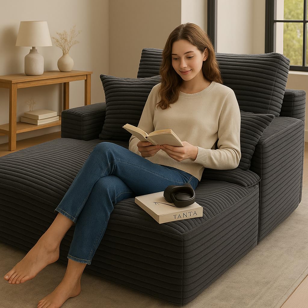 COMHOMA 67" Oversized Chaise Lounge Chair with 3 Comfy Pillows,Upholstered Sofa Bed Sleeper Couch Wide Arms Corduroy Fabric High-Density Foam for Living Room No Assembly Required,Dark Grey COMHOMA