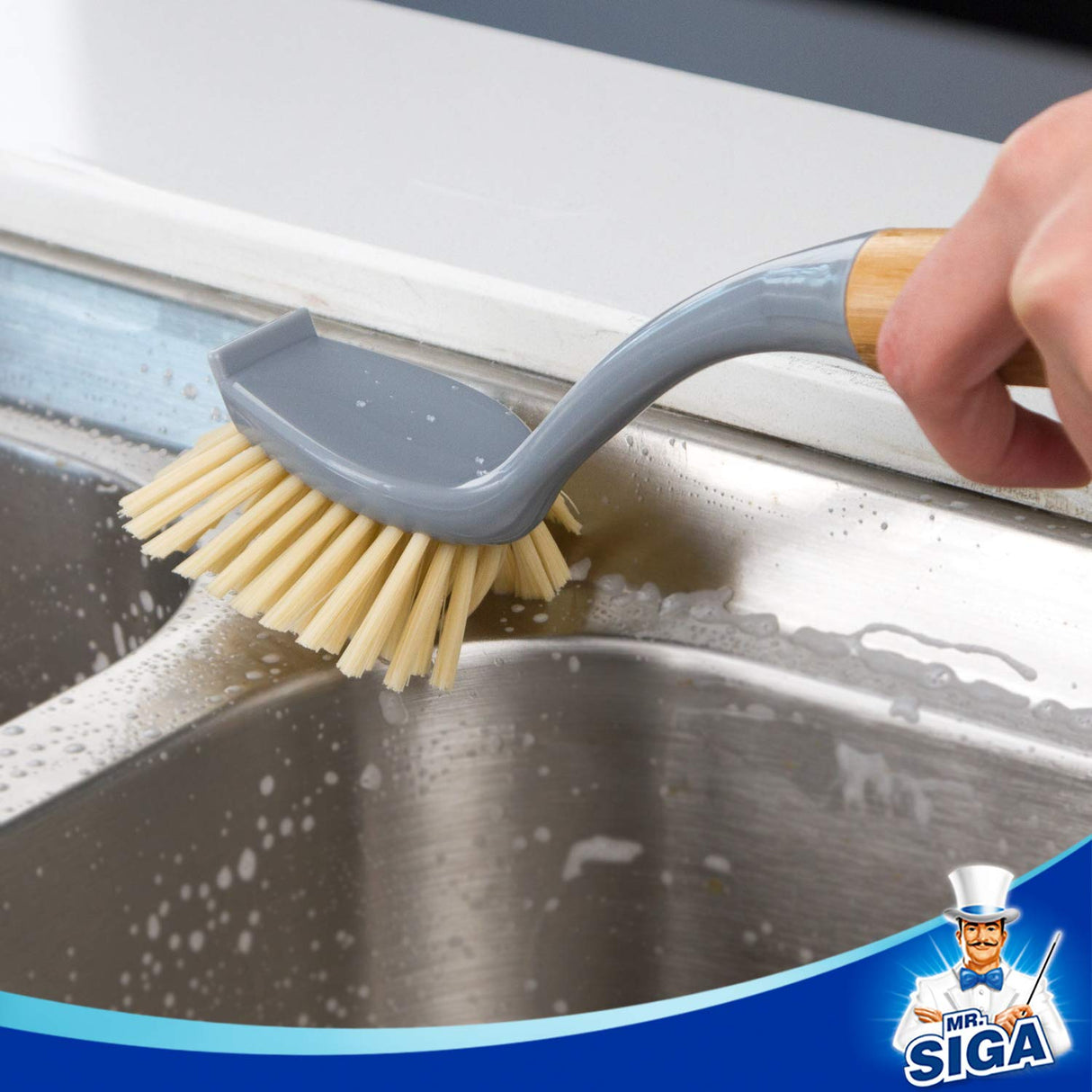 MR.SIGA Dish Brush with Long Bamboo Handle Built-in Scraper, Scrub Brush for Pans, Pots, Kitchen Sink Cleaning, Pack of 2 MR.SIGA