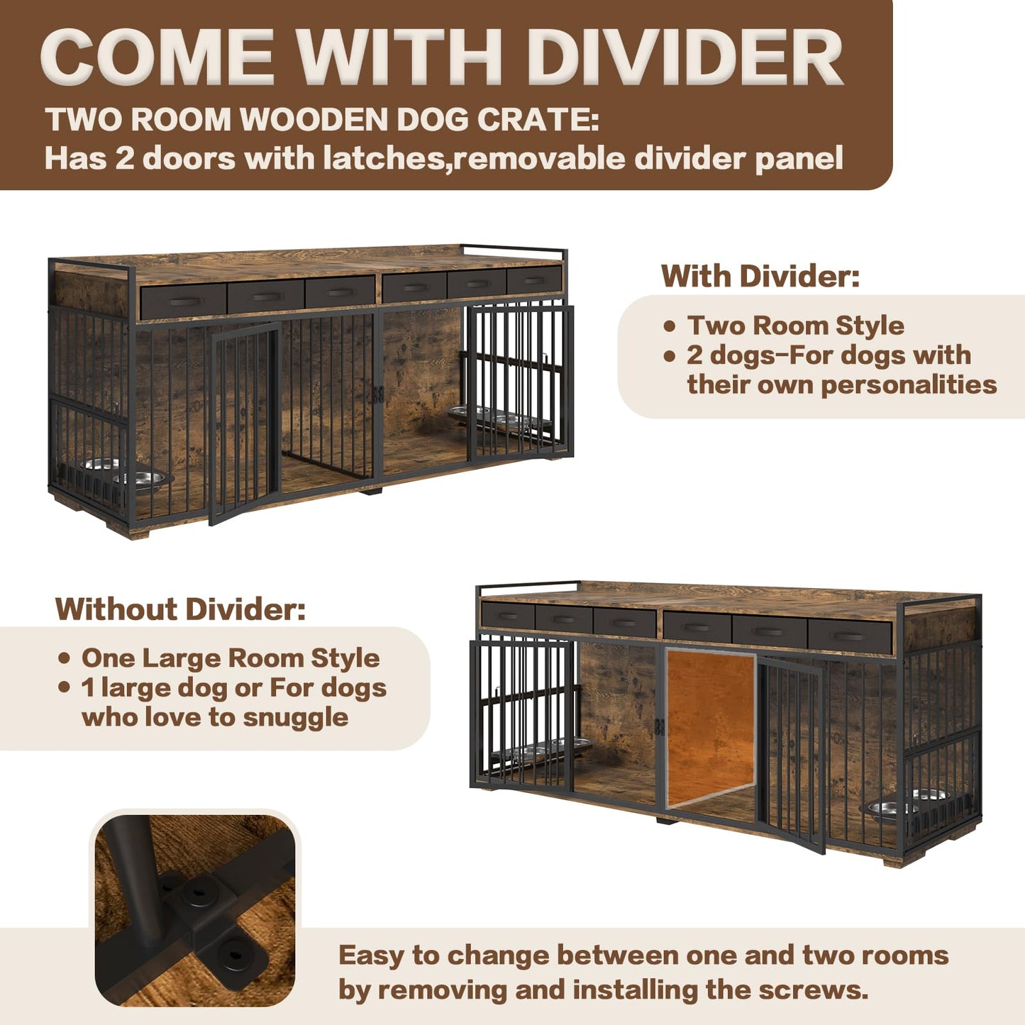 86.6" Large Double Dog Crate Furniture,Heavy Duty Metal Frame Wooden Dog Kennel with 360°Rotatable Dog Feeder Bowls and Drawers TV Stand Dog Crate for 2 Dogs Indoor Chew Proof,Rustic Brown