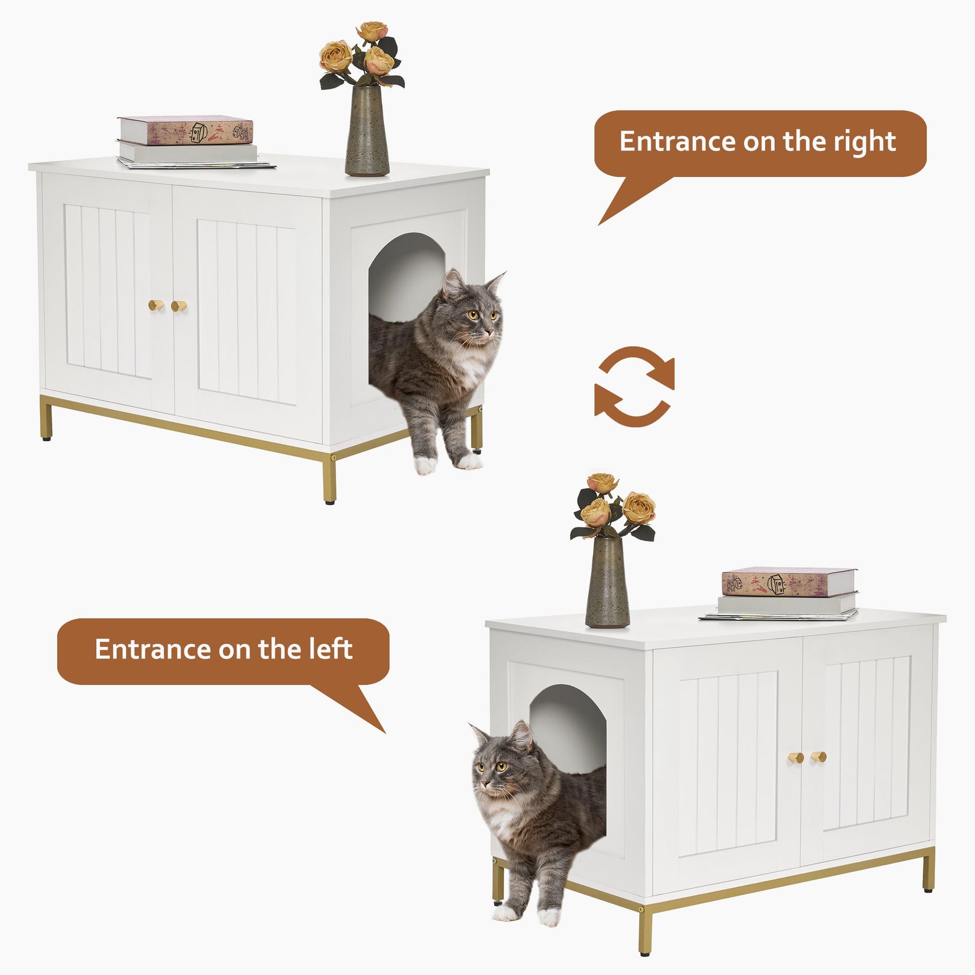 Homhedy Cat Litter Box Enclosure, Litter Box Furniture Hidden with Metal Frame, Cat Washroom Furniture, Cat House, Fit Most of Litter Box, Modern Style, White and Gold - WoodArtSupply