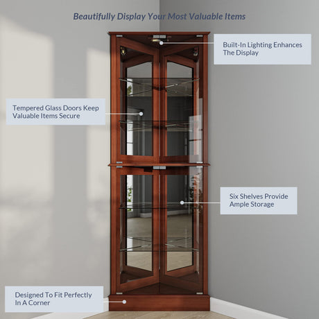 BELLEZE Lighted Corner Display Curio Cabinet Wooden Shelving Unit with Tempered Glass Door, Bar and Liquor Storage Area with 6 Shelves - Woody (Walnut) BELLEZE