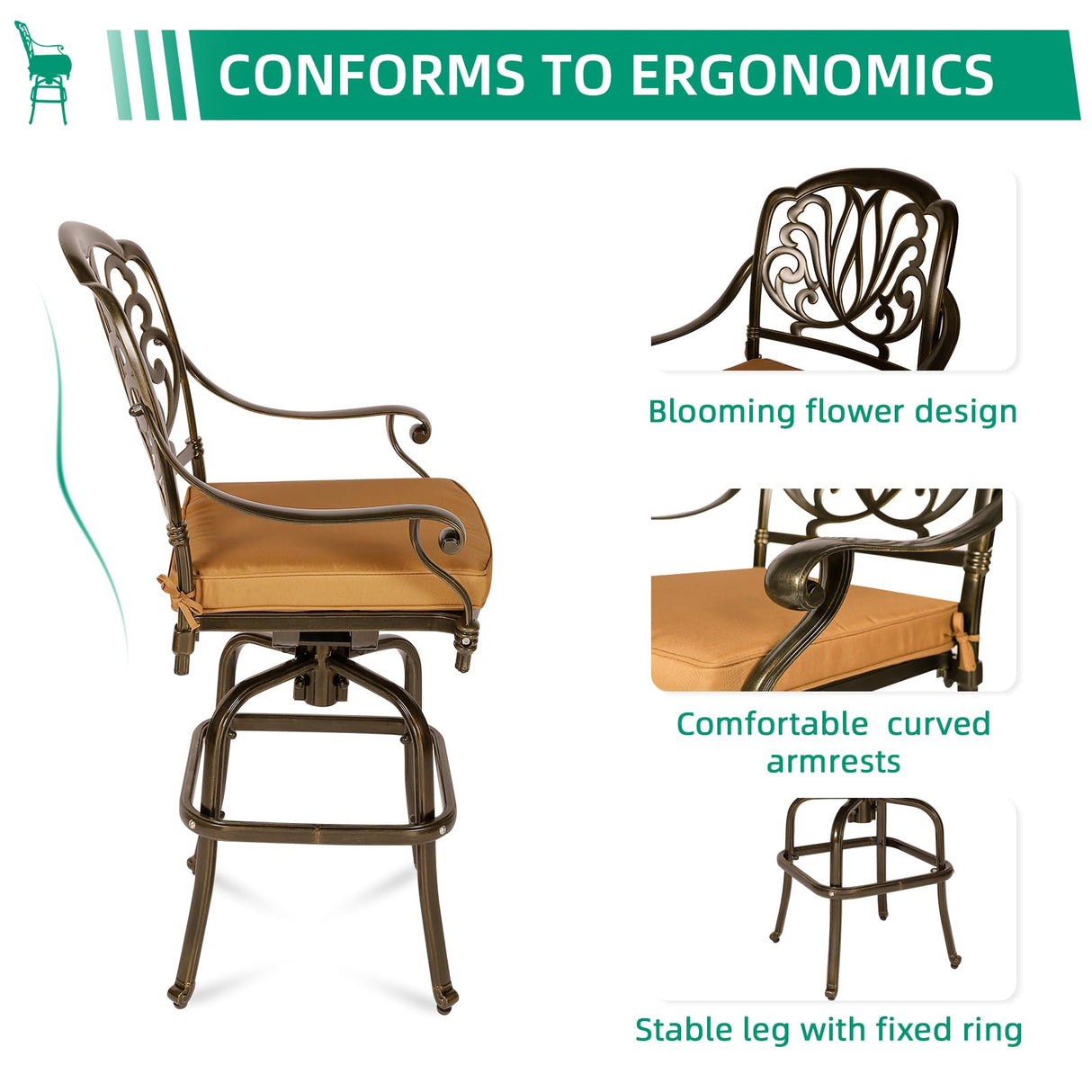 VIVIJASON 5-Piece Bar Height Patio Dining Set, All Weather Cast Aluminum Outdoor Table and Chairs Set with 4 Swivel Bar Stools, Cushions & 35.4" High Bar Table w/Umbrella Hole for Deck, Lawn, Garden VIVIJASON